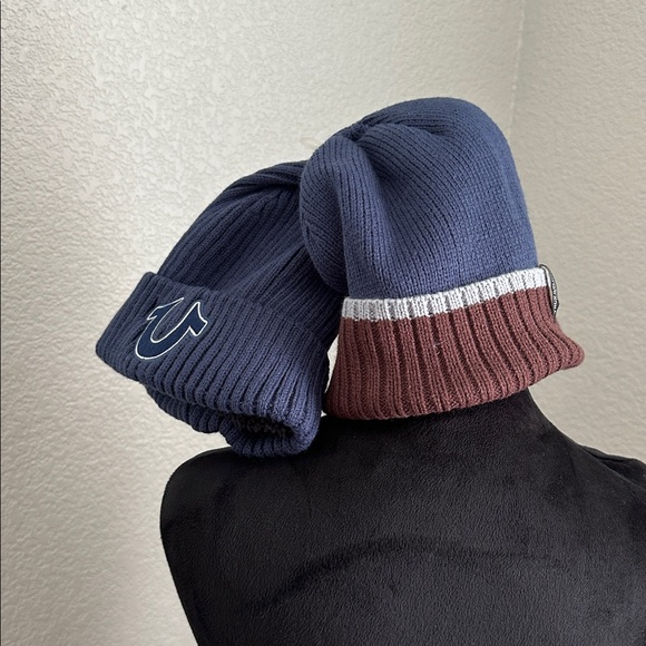 True Religion Blue and Brown Knit Beanies - Picture 1 of 6